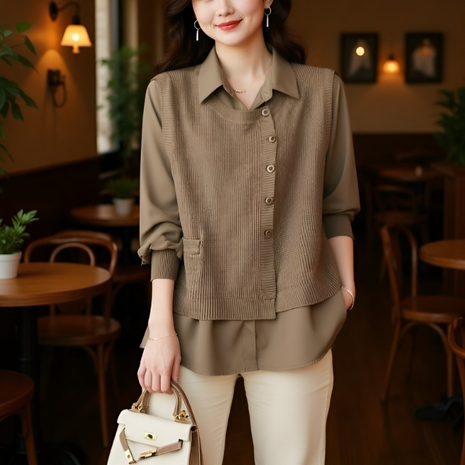 가을 여성 스웨터 페이크 투피스 고급스러운 스타일