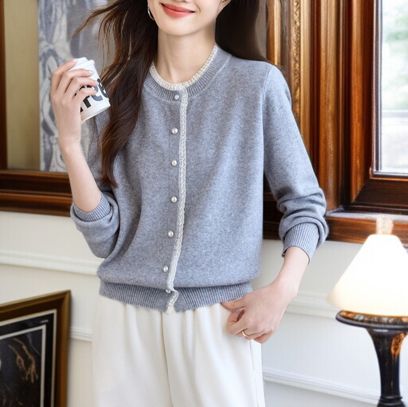 여성 그레이 니트 가디건 아우터 무드 상의 레이스 긴팔 니트