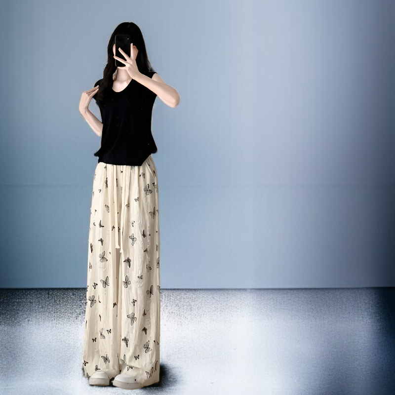 ホワイトバタフライホールヤマモトパンツレディース春秋ハイウエストワイドレッグパンツドレープパンツカジュアルダイヤモンドパンツ小さいサイズホールパンツ夏ワイドレッグパンツ