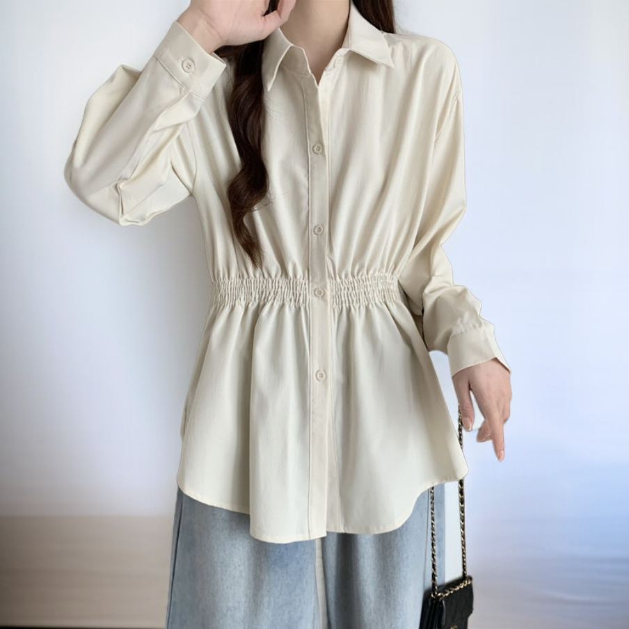 허리 조임 긴팔 캐주얼 슬리밍 탑