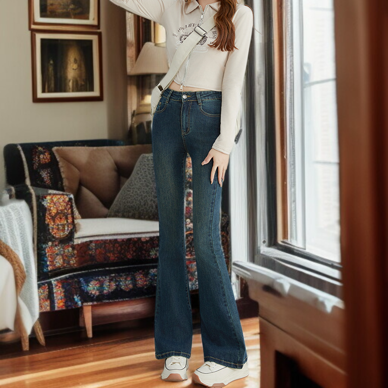 小さめハイウエストワイドジーンズ女性春春スリム細めマイクロフレアワイドパンツ