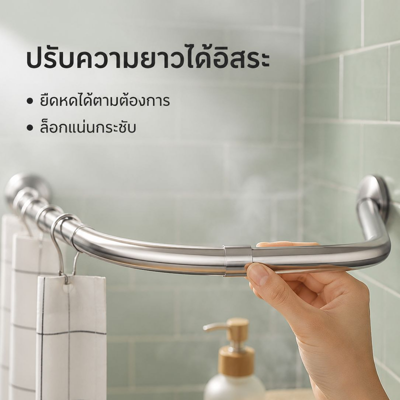 ราวม่านห้องน้ำสแตนเลสไม่ต้องเจาะผนัง ทรงโค้งรูปตัว L ปรับขนาดได้