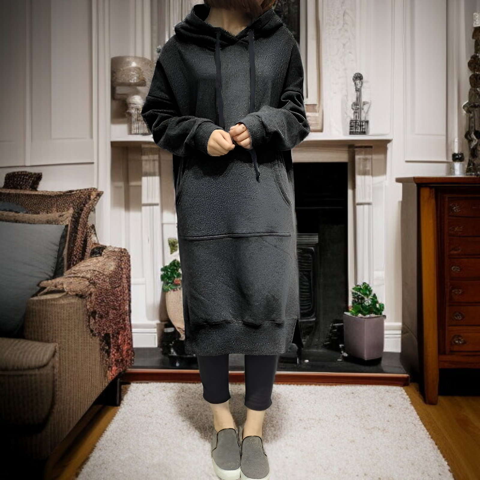 レディース大きいサイズ無地ロングカジュアルパーカーコート