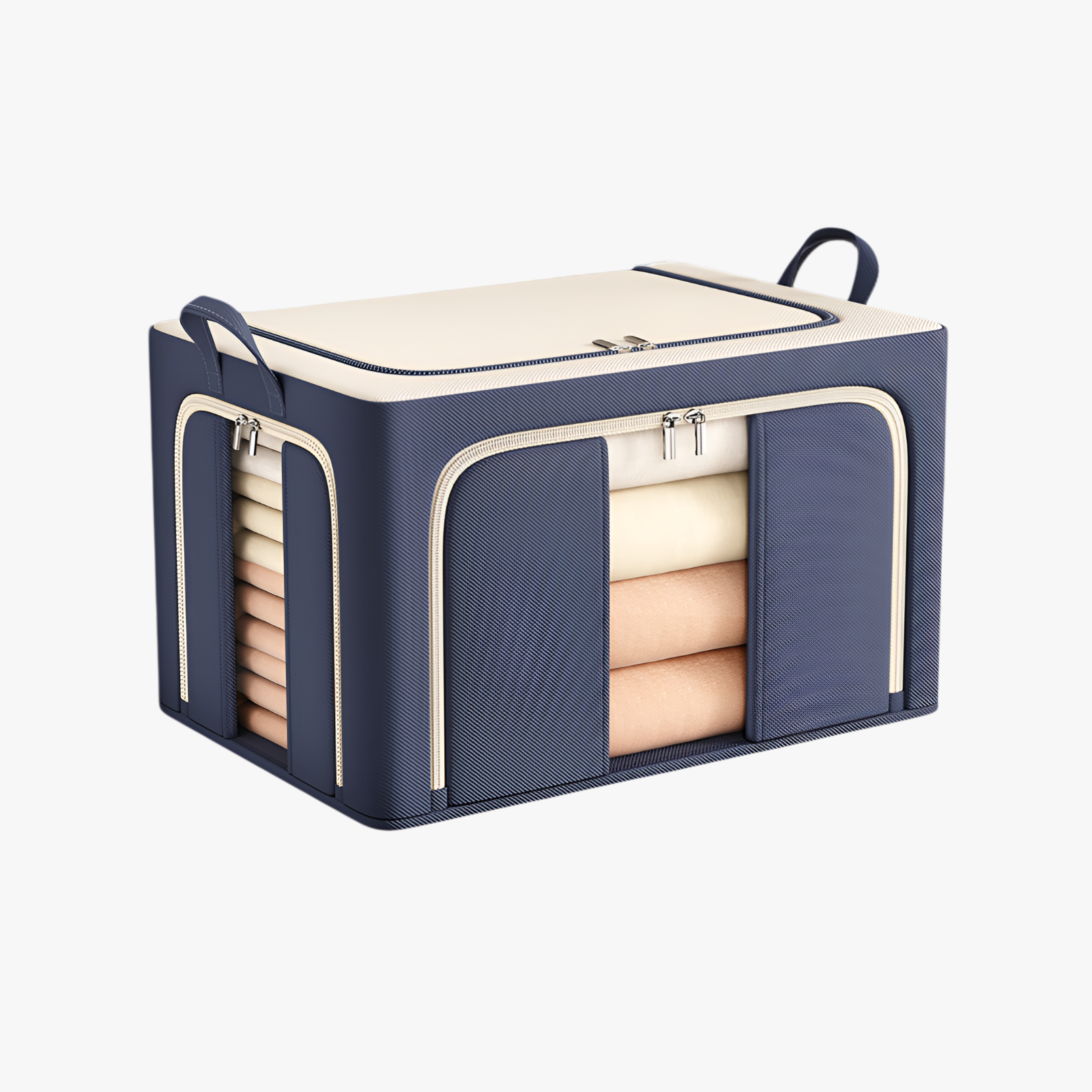 Dreiseitig zu öffnende faltbare Aufbewahrungsbox mit Stahlrahmen, ideal für Futons