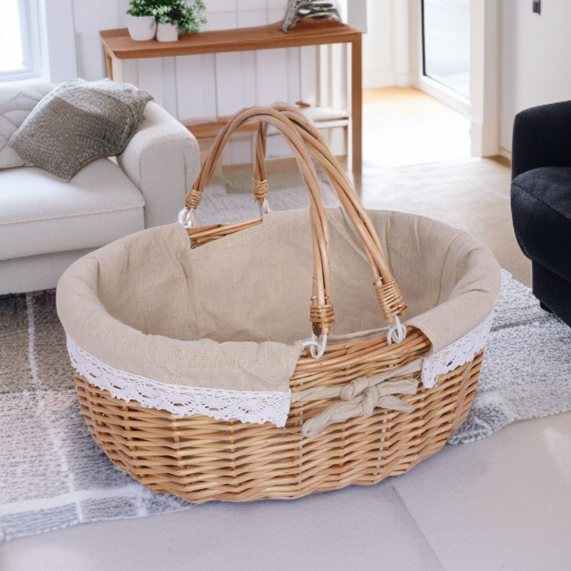 ダブルハンドルのリネンウィッカー製ピクニックバスケット