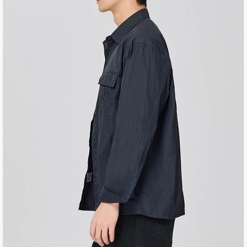 男士寬鬆長袖休閒襯衫夾克韓版純色工裝外套