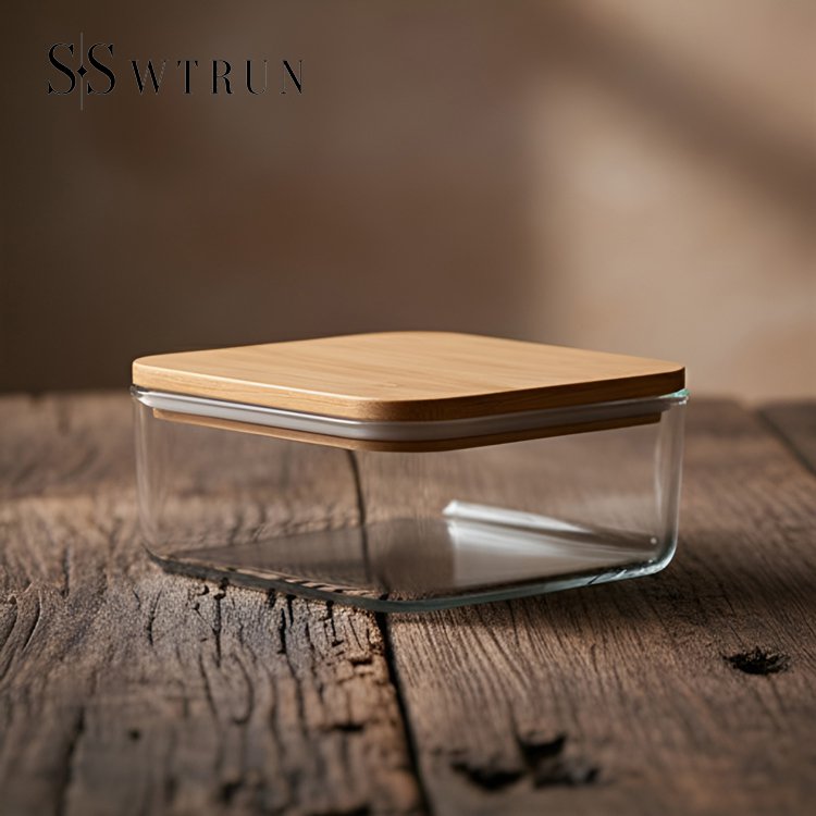 天然木色のガラス製食品保存容器2個