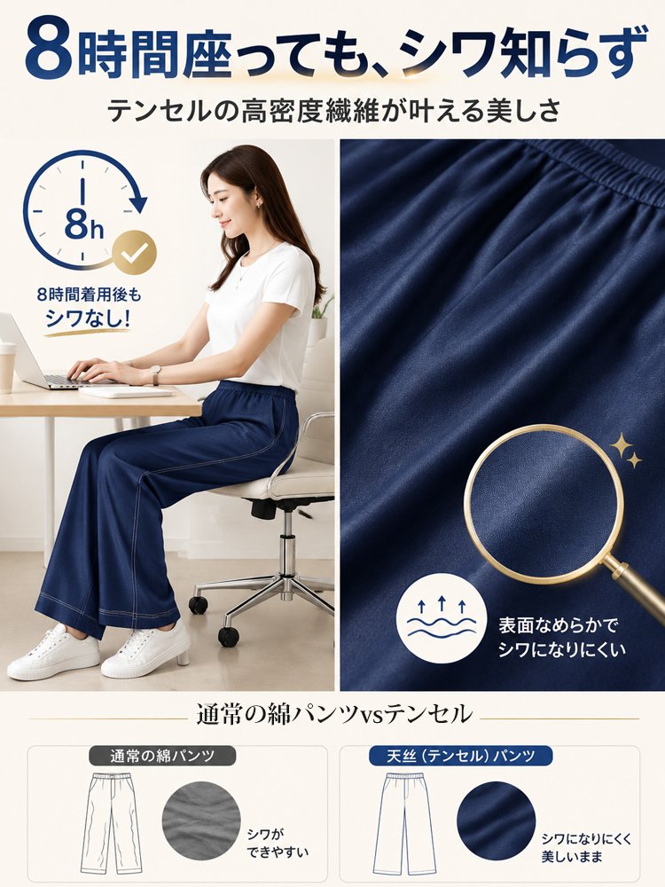レディース細見え8分丈ワイドパンツ
