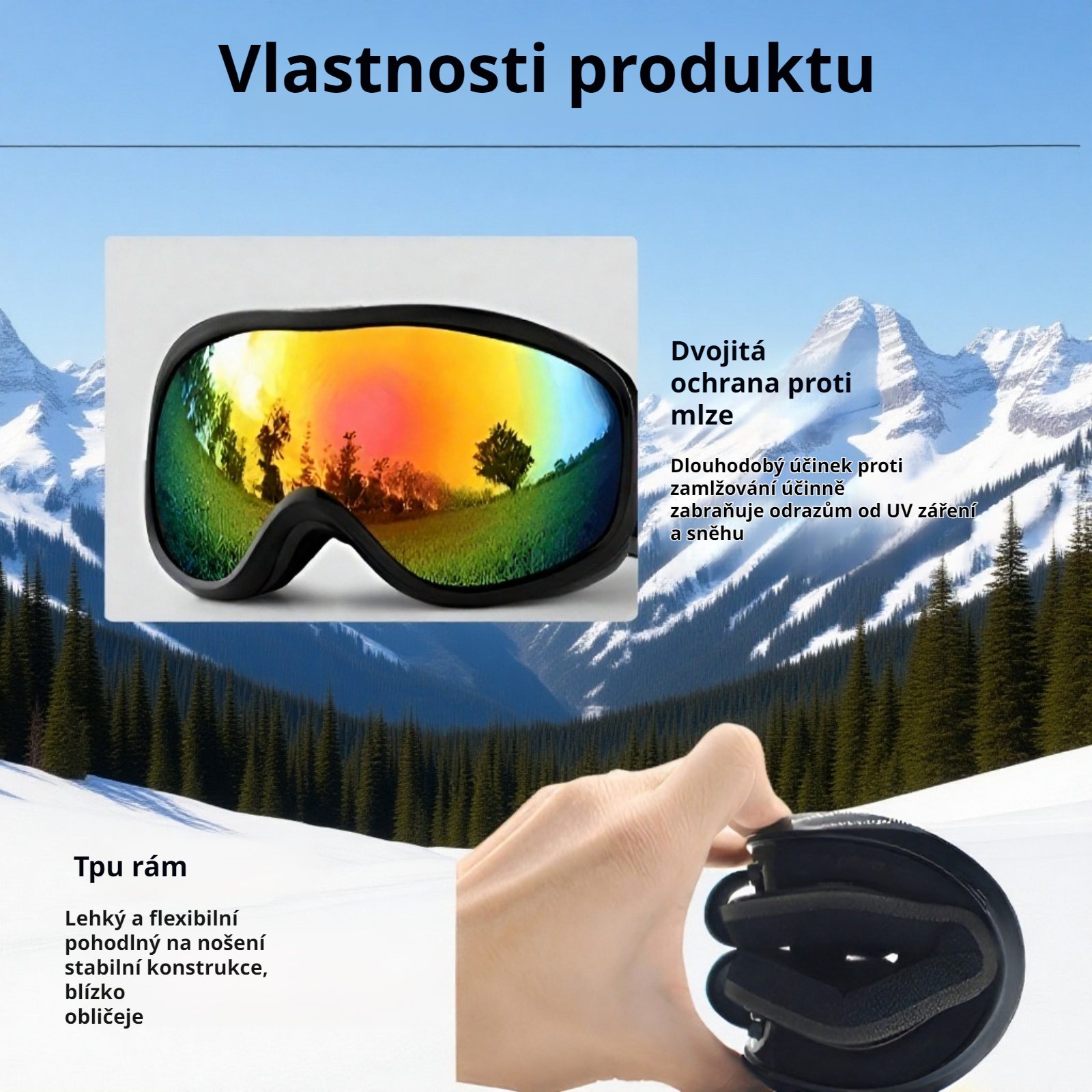 Lyžařské brýle proti mlžení, vysoké rozlišení, prodyšné a větruodolné