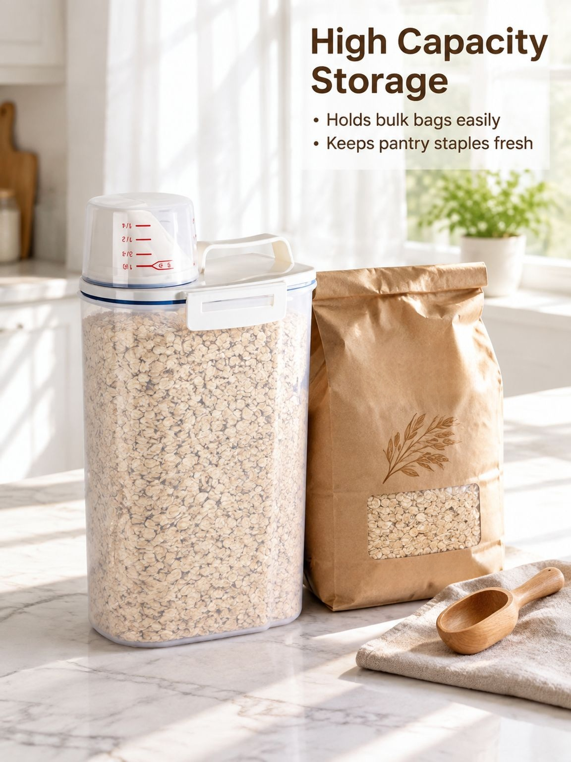 Space-saving grain and cereal container for a tidy kitchen