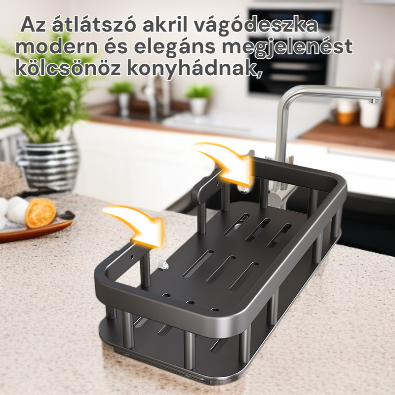 Mosogató szélén elhelyezhető, fúrás nélküli konyhai tároló és törlőrongy tartó