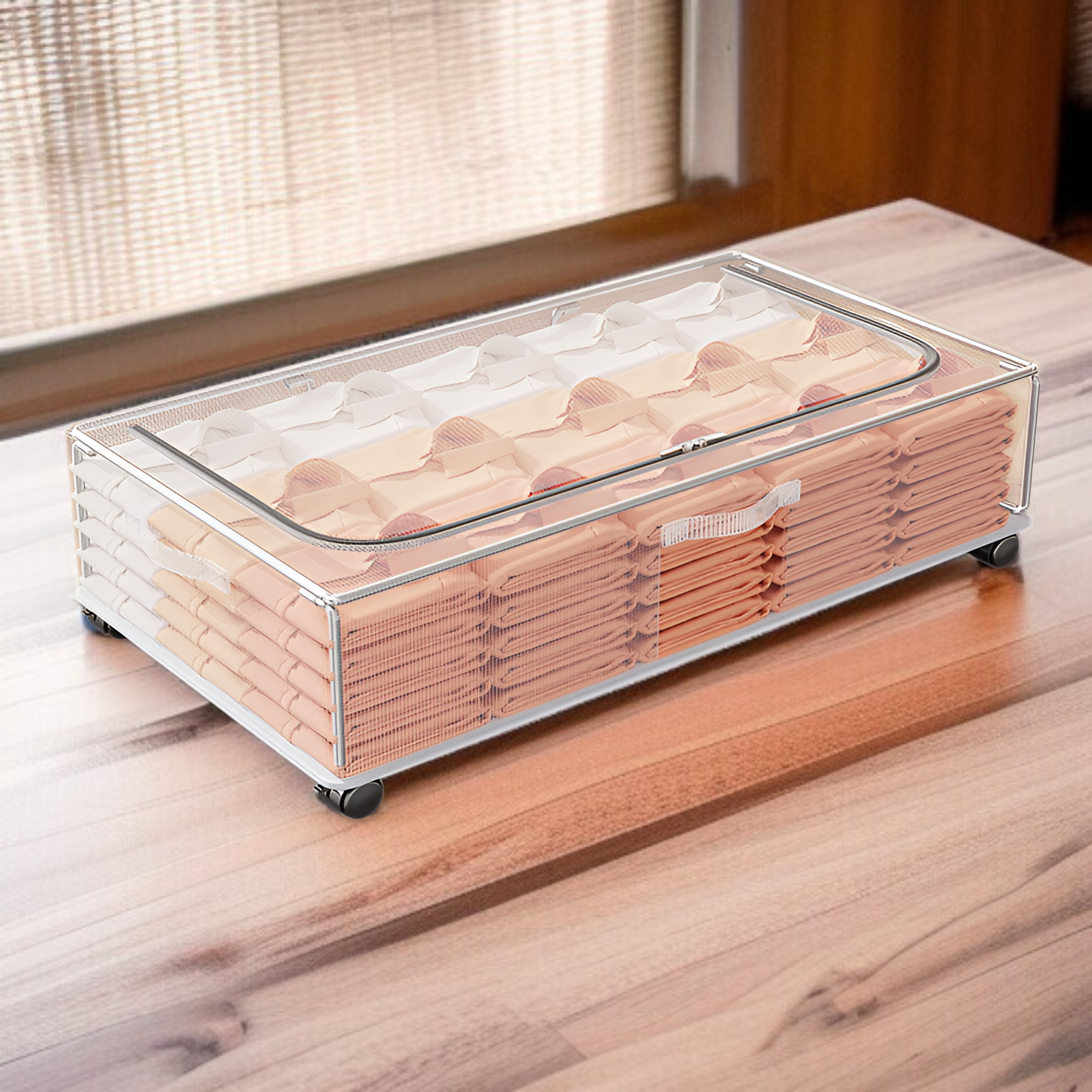 Flat, moisture-proof, large-capacity under-bed storage box with wheels; suitable for organizing clot