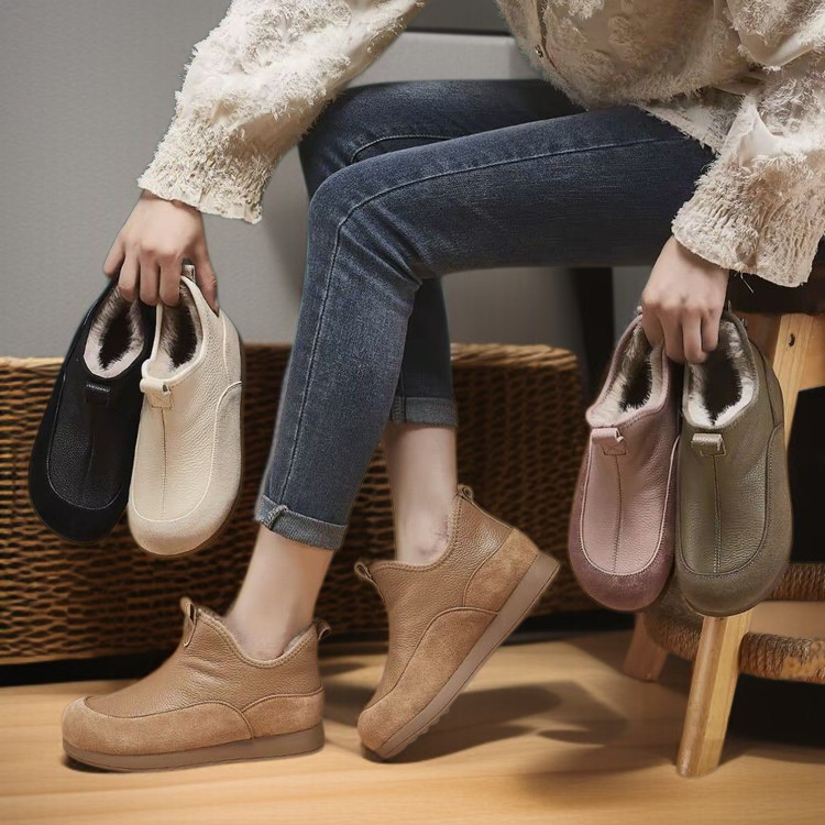 중장년층 융털 도톰한 둥근 머리 보온 소프트 가죽 겨울 앵클 부츠 플랫 미끄럼 방지 둥근 머리 스노 부츠