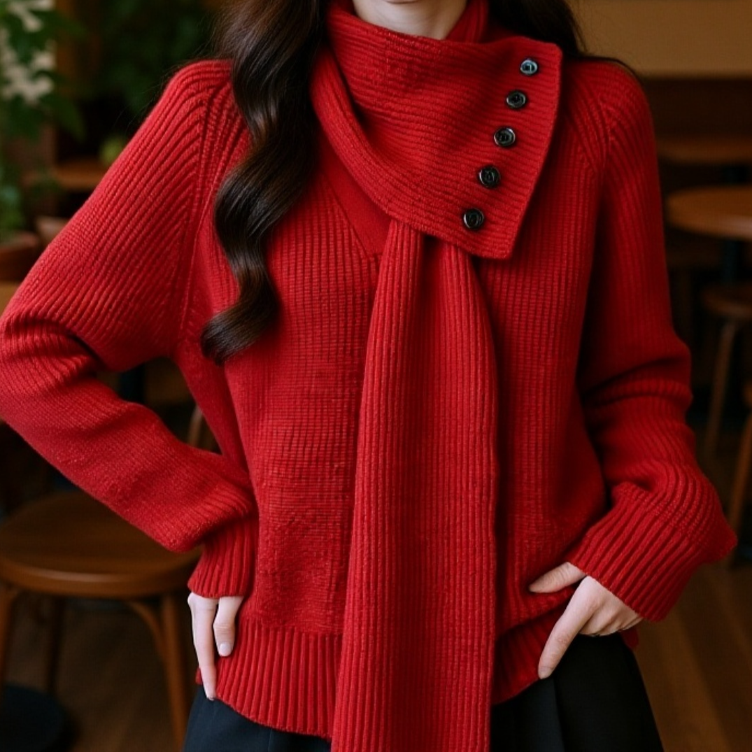 秋冬新作スカーフデザインセーターのフロントスタイル