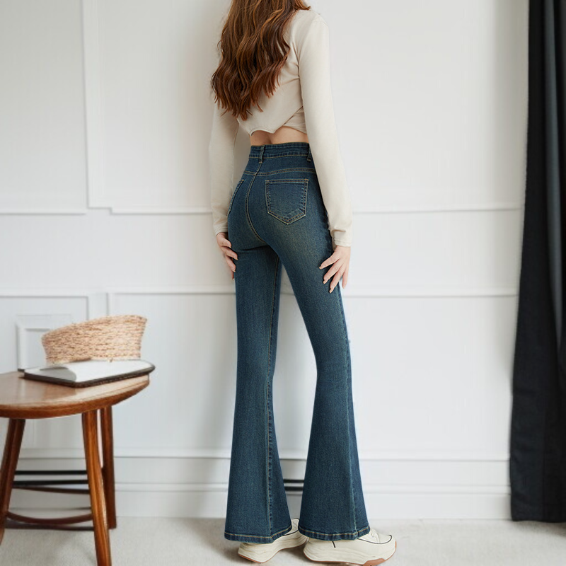 小さめハイウエストワイドジーンズ女性春春スリム細めマイクロフレアワイドパンツ