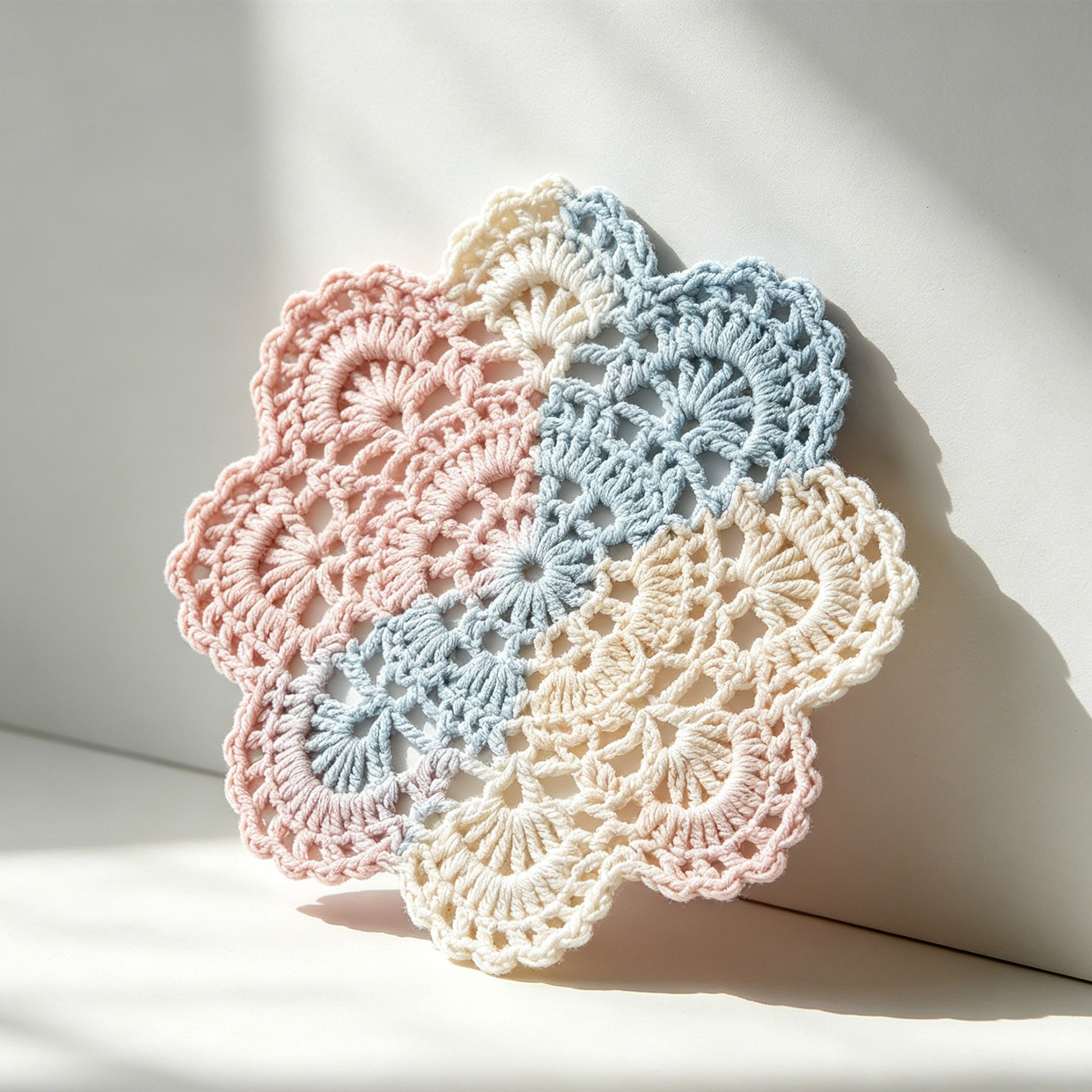 Close-up view of intricate crochet lace pattern on tablecloth