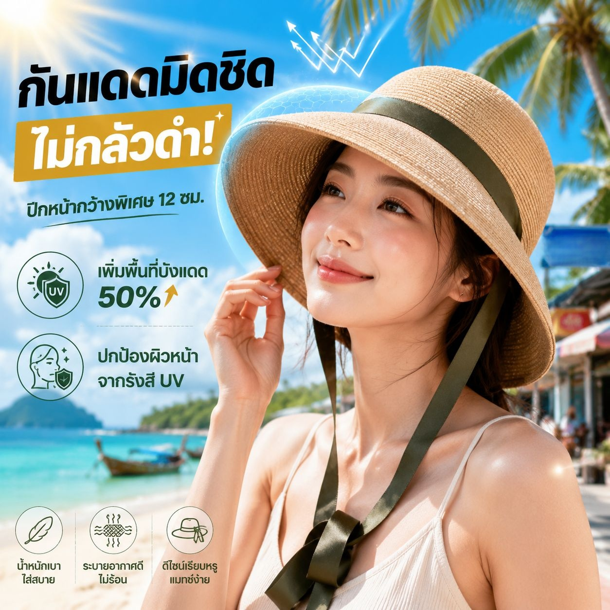 หมวกฟางสไตล์ฝรั่งเศสพับได้ หมวกกันแดดแบบเฮปเบิร์น ปีกหน้า-หลังไม่เท่ากัน เหมาะกับท่องเที่ยวทะเล
