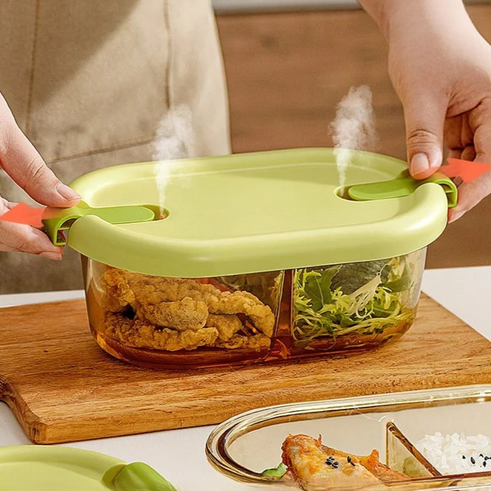 High Borosilicate Glass Divided Lunch Box, Microwave & Freezer Safe Bento Box for Office Workers