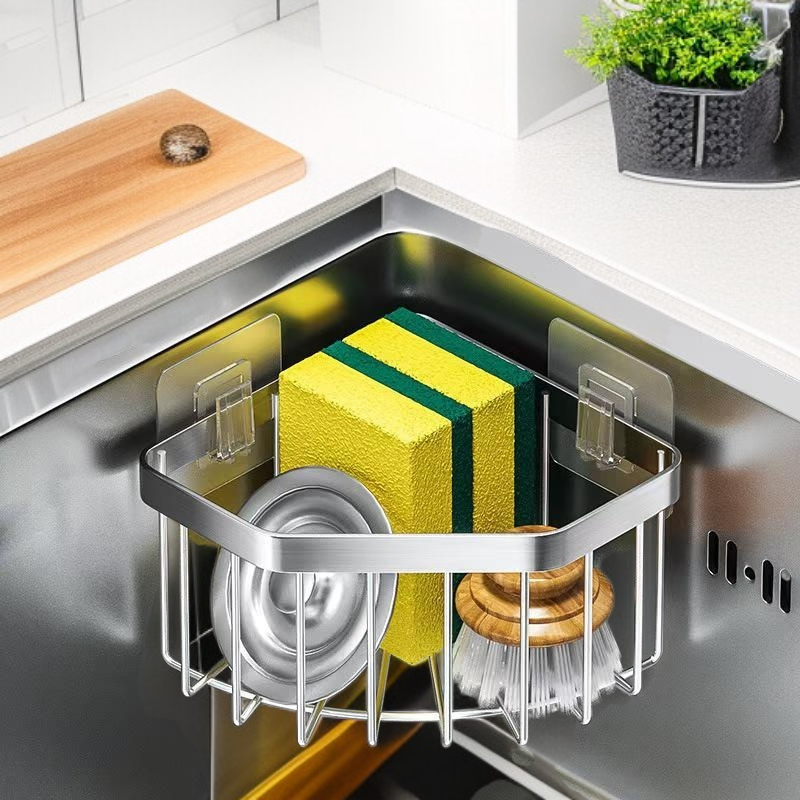 주방 싱크대 코너 무타공 삼각 배수 바구니 수납 선반