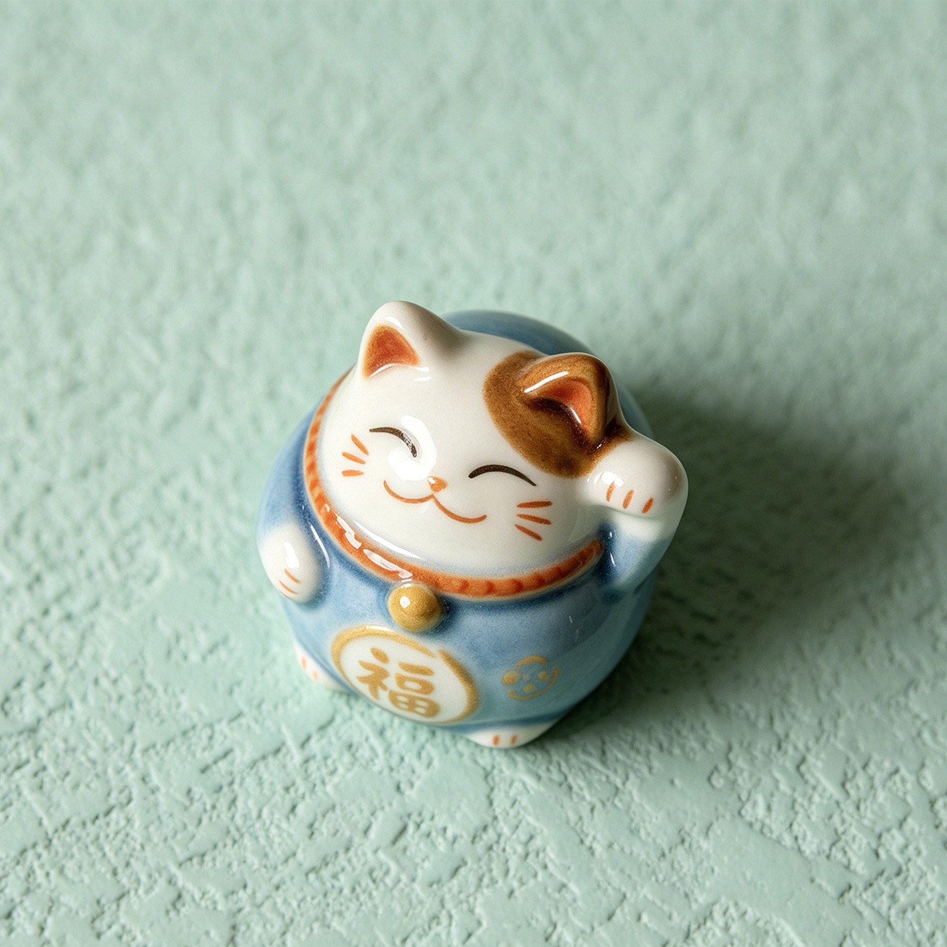 Set of 5 ceramic mini lucky cat ornaments displayed together