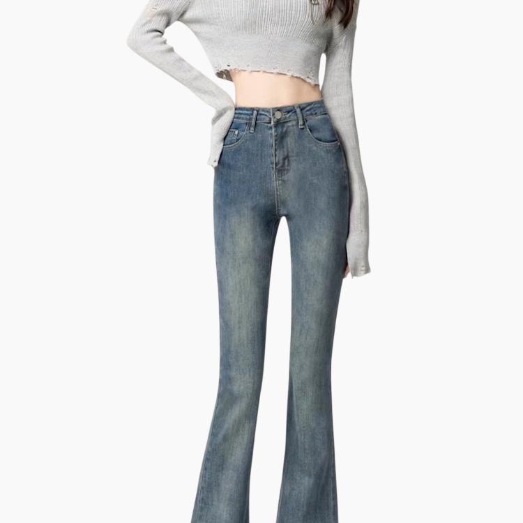 여성 하이웨스트 조거 스판 슬림핏 데님 팬츠 봄 퍼플레어 데님 팬츠