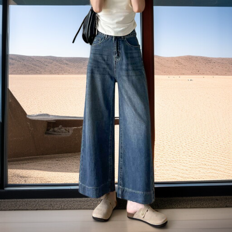 بنطال جينز نسائي واسع الأرجل بخصر عالي من قماش التنسل