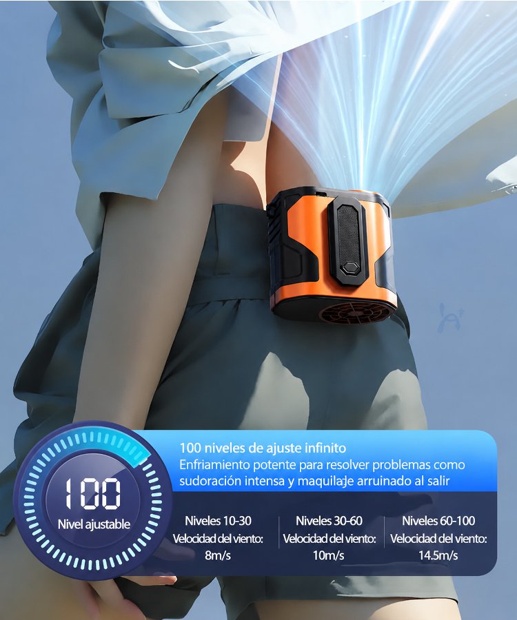 Ventilador de Cintura 3 en 1 (4000mAh): Enfriamiento Rápido 100 Velocidades + Power Bank + Linterna