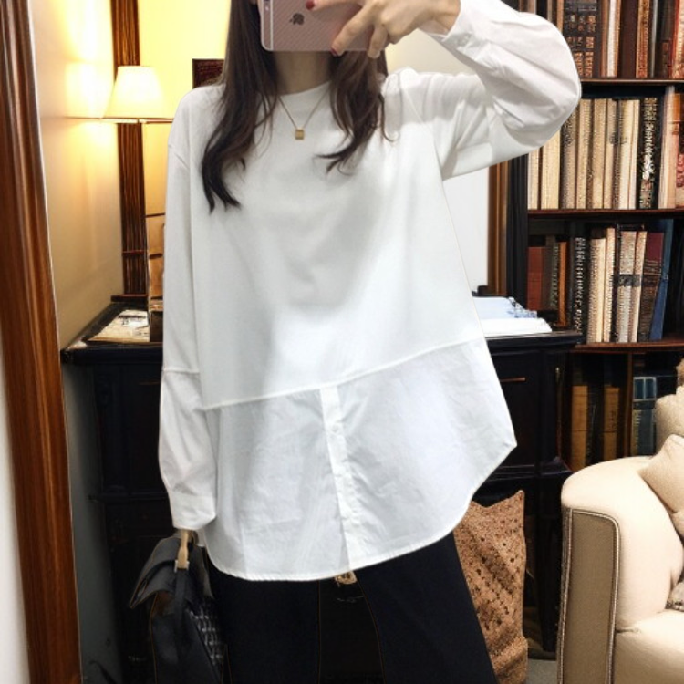 白 秋 長袖シャツ ゆったり 丸首 長袖 ボトムス シャツ コットン Tシャツ