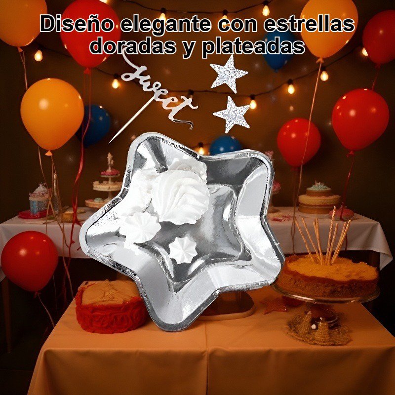 Platos de papel desechables con estrellas doradas y plateadas navideñas