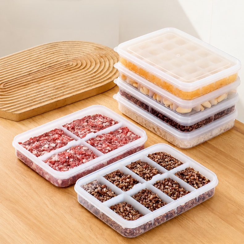 冷蔵庫用の仕切り付き取り外し可能な食品保存容器。冷凍肉やみじん切りニンニクの小分けに最適で、素早く簡単に食品を準備できます。