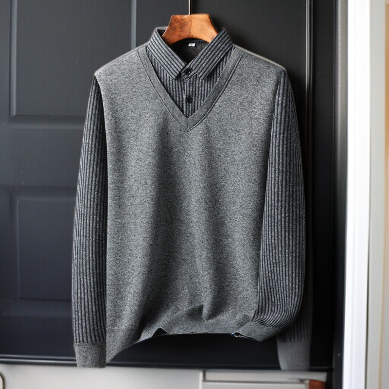 中高年男性用フェイク・ツーピース・ニット 中わた入り厚手ルーズ防寒トップス