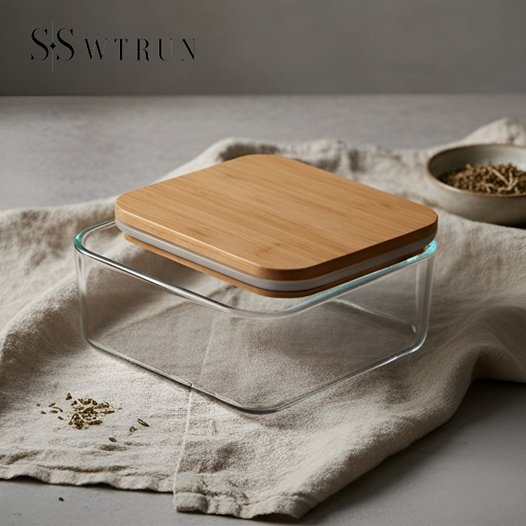 天然木色のガラス製食品保存容器2個