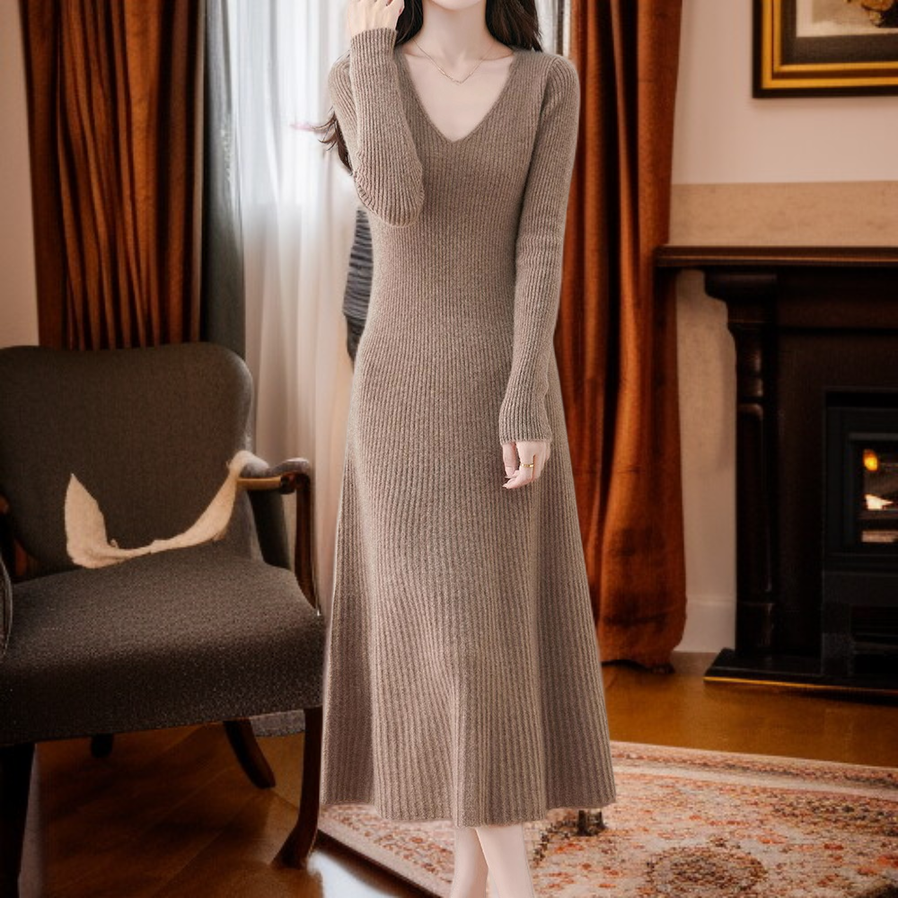 【Brelia-jp】2025年秋冬 Vネックニットワンピース レディース エレガントで着痩せ効果抜群 無地ロングワンピース コートとの重ね着にも