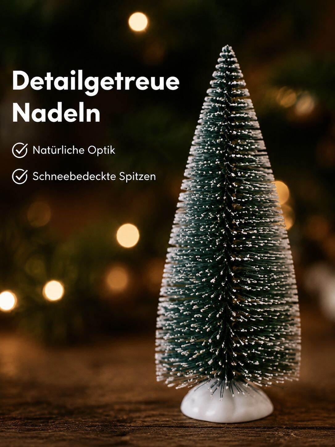 Mini-Weihnachtsbaum mit Kiefernnadeln und schneebedeckten Kiefern, ein kleiner grüner Weihnachtsbaum