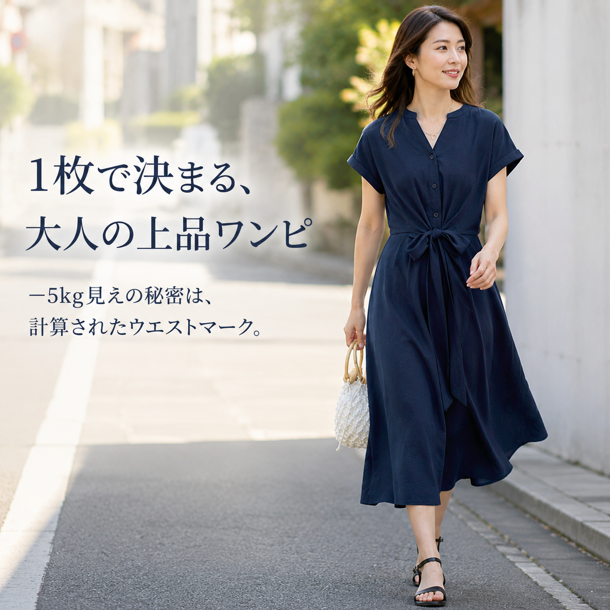 日韓風ウエストリボン付き細見えワンピース