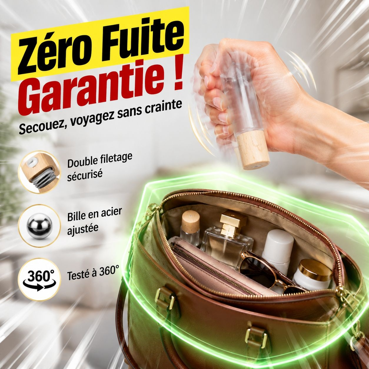 Bouteille à bille en verre givré 1 ml avec couvercle à effet bois