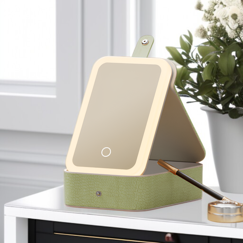 メイクボックス 鏡付き メイクボックス 持ち運び メイクケース 旅 ジュエリーボックス 小箱 ジュエリー LEDライト付き ミラー付き 宝石箱 持ち運び コンパクトPUレザー ジュエリー収納 アクセサ