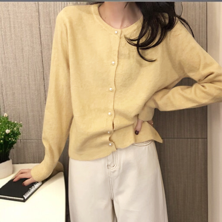 여성 니트 가디건 긴팔 솔리드 상의 진주 버클 여성 봄가을 라운드 니트 가디건 부드러운 니트 코트