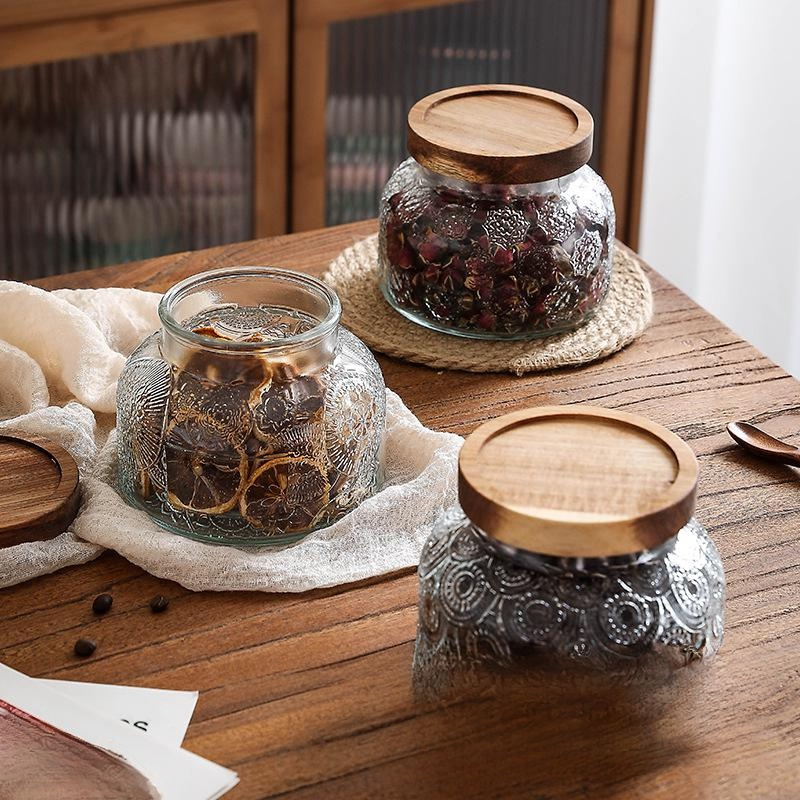 復古玻璃密封罐木蓋咖啡豆儲存罐茶葉罐