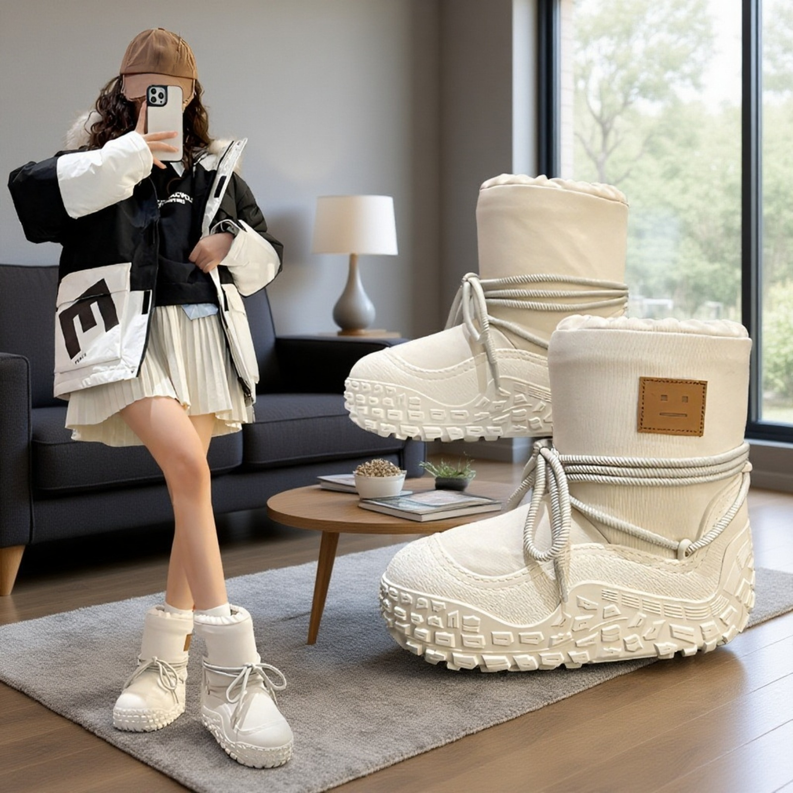 厚手保温スリーブ付き防滑防水スノーブーツ レディース