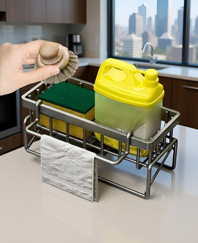 Space-saving rack mounted on kitchen wall