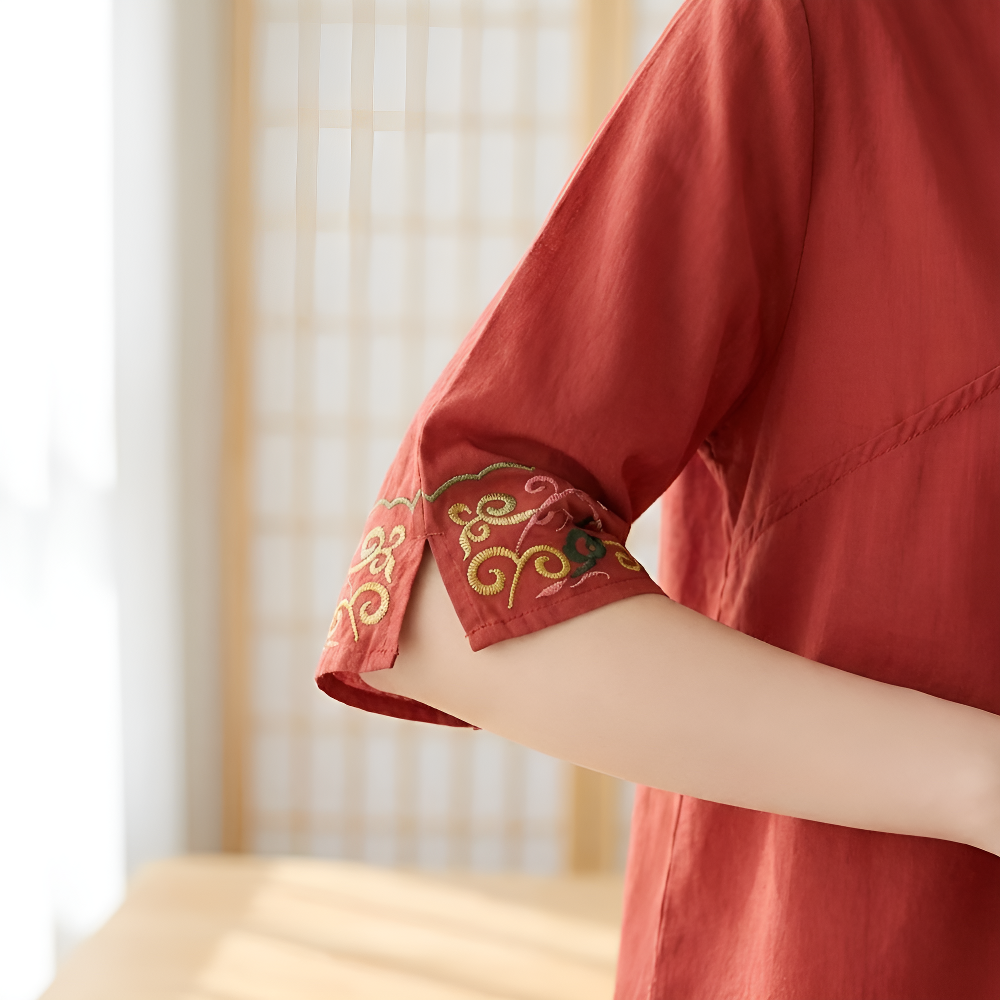 スリム効果レトロ刺繍レディース半袖シャツ