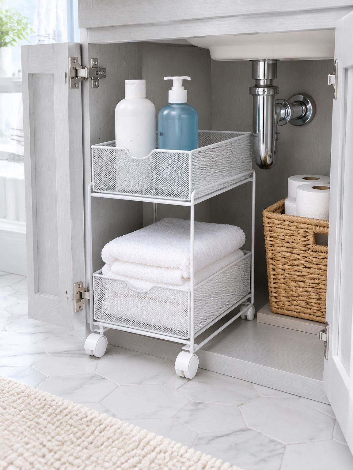 Close-up view of adjustable shelves in pull-out kitchen organizer