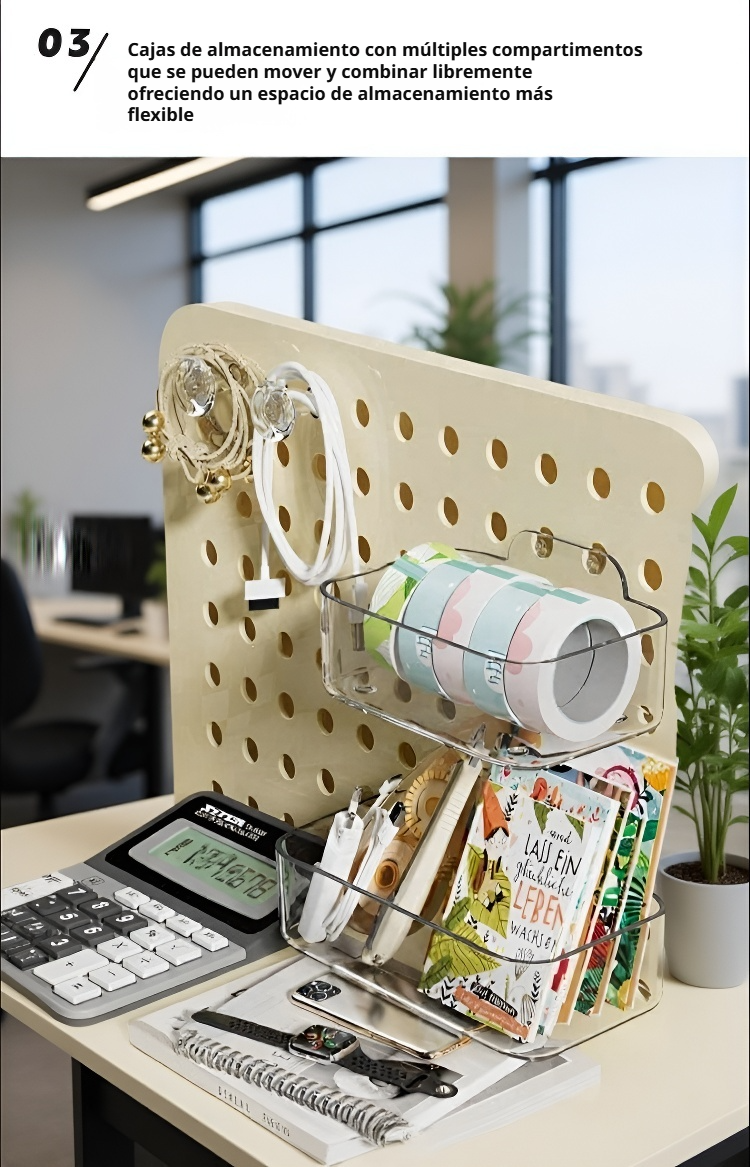 Detalle del tablero de agujeros en escritorio estilo crema