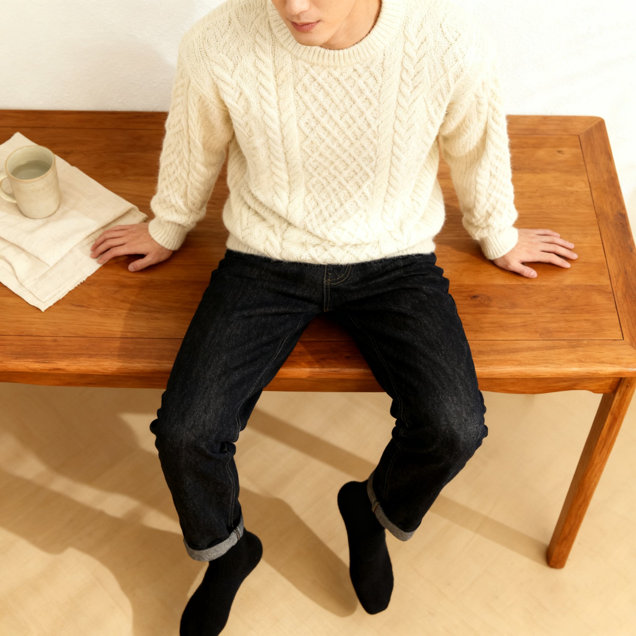 남성 라운드넥 꽈배기 니트