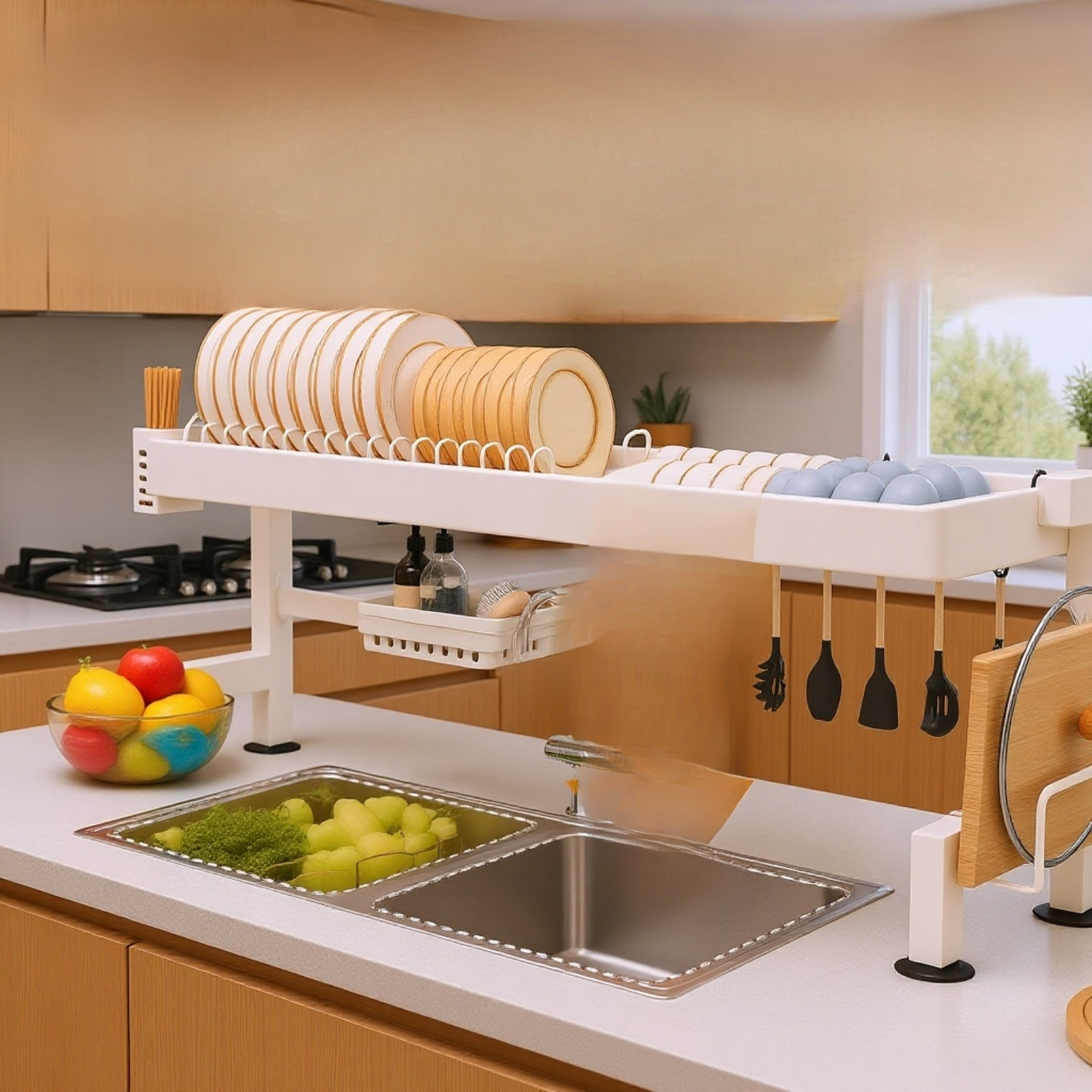 Space-saving kitchen organizer rack for sink area