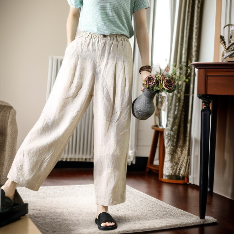 핀턱 린넨 빈티지 와이드 슬림핏 핑크 캐주얼 바지 여 여름 얇은 면 마 하이웨스트 와이드 9부 바지