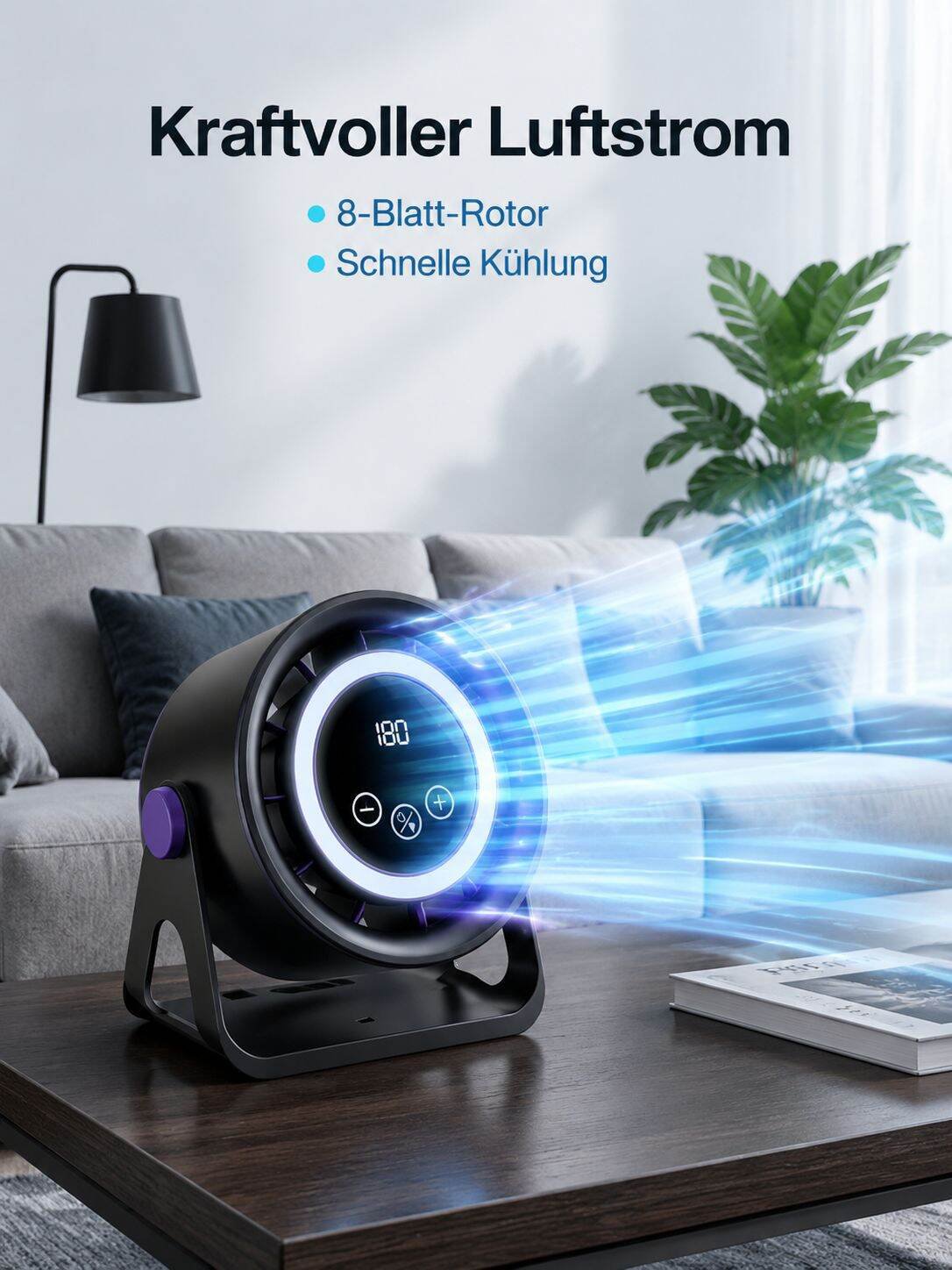 Tischventilator mit Digitalanzeige, leise, starke Windkraft, mit Beleuchtung