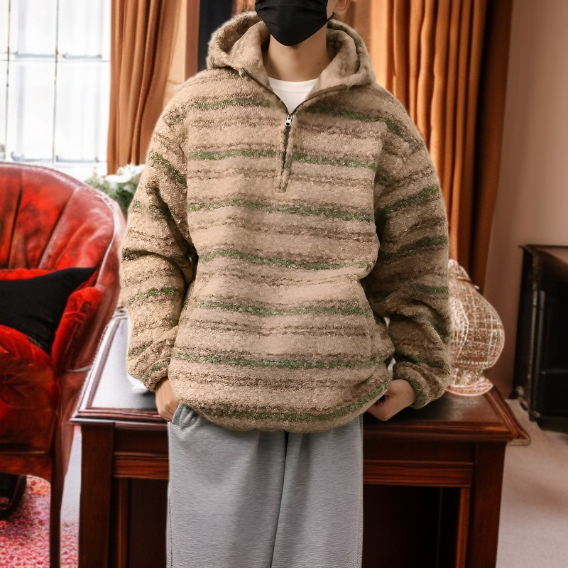  メンズ トレンドのストライプ柄ルーズウールコートとレトロルーズニット