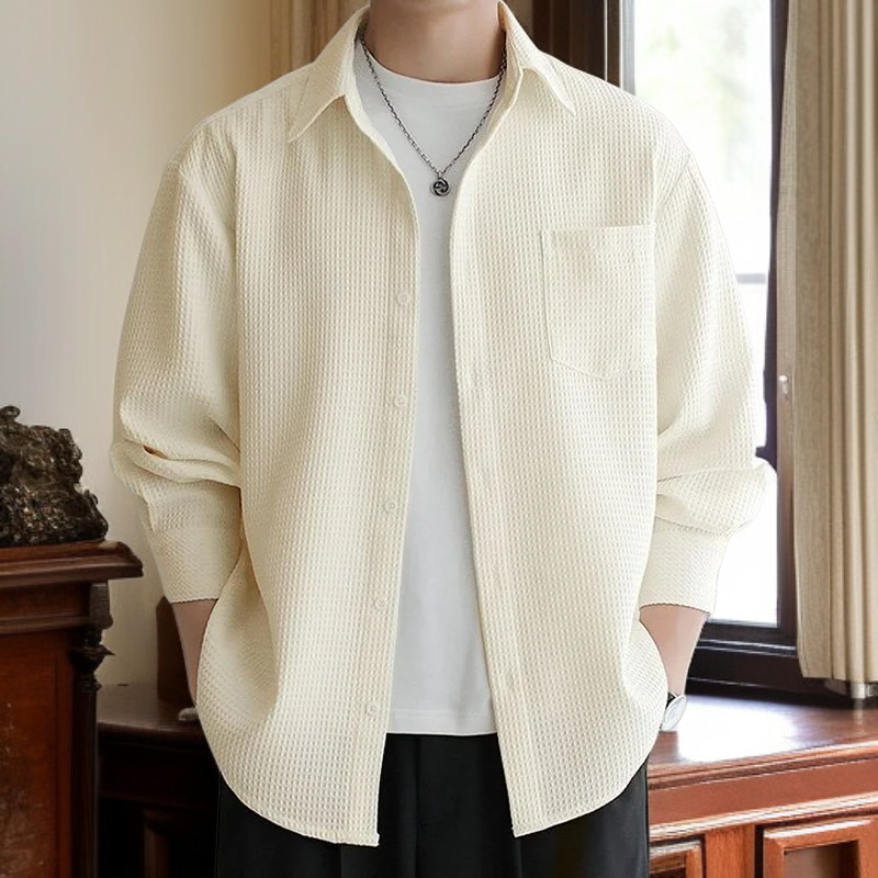 メンズ長袖ワッフルルーズフィットシャツ